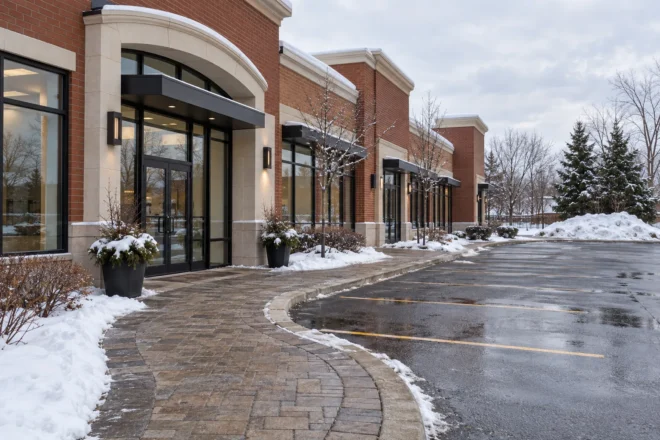 Small managed parking lot with designated snow-placement zone