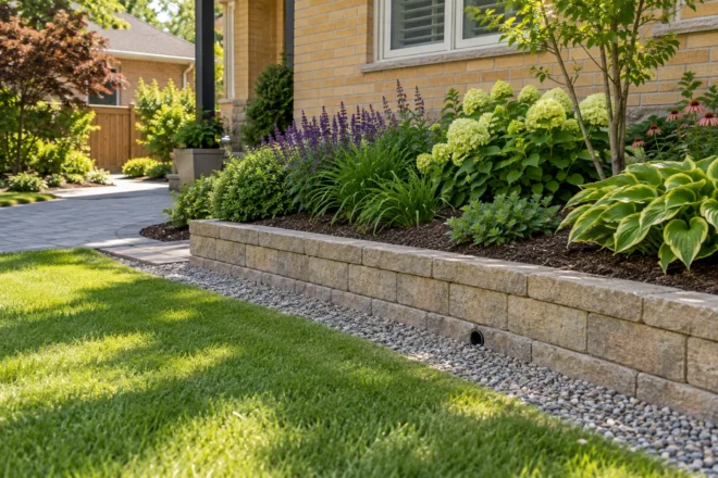 Maintained raised garden bed above a low wall with a visible drainage outlet