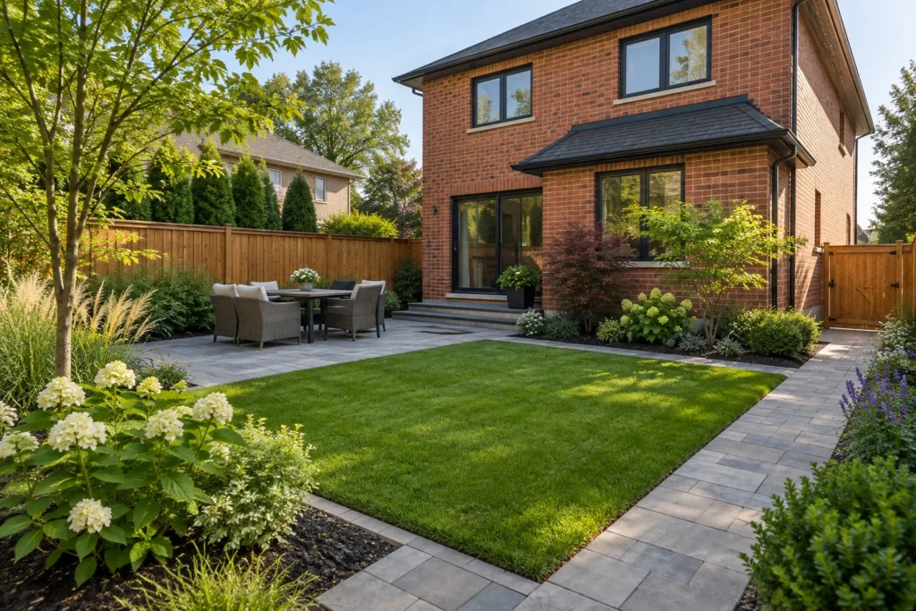 Reduced lawn area framed by durable paving and planted borders