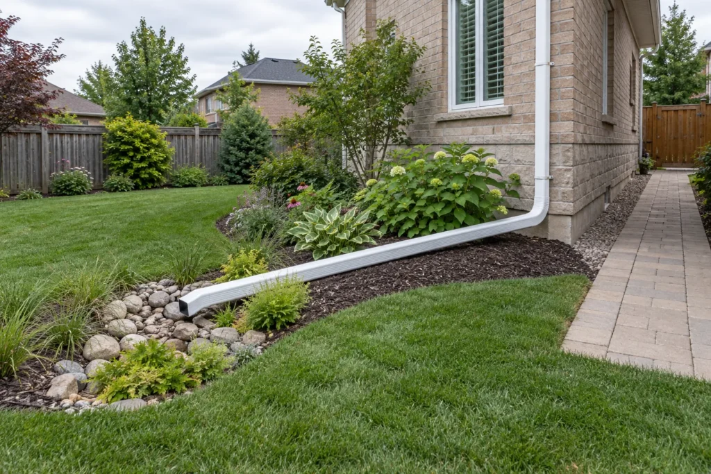 Downspout discharge into a suitable permeable receiving area