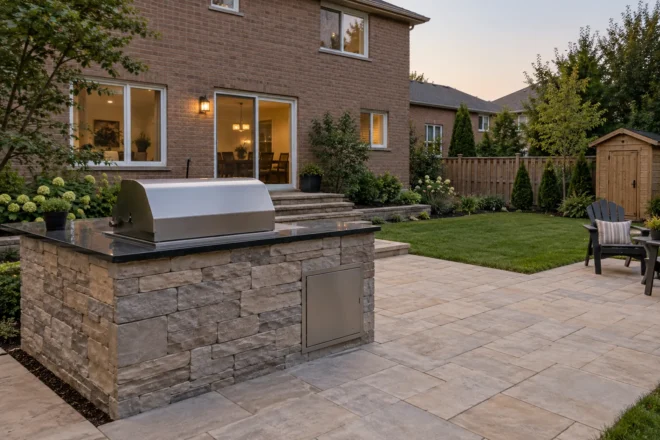 Small stone-faced grill station beside a clear patio and ordinary rear garden