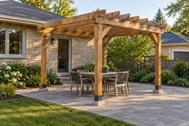 Properly supported pergola above modest dining terrace