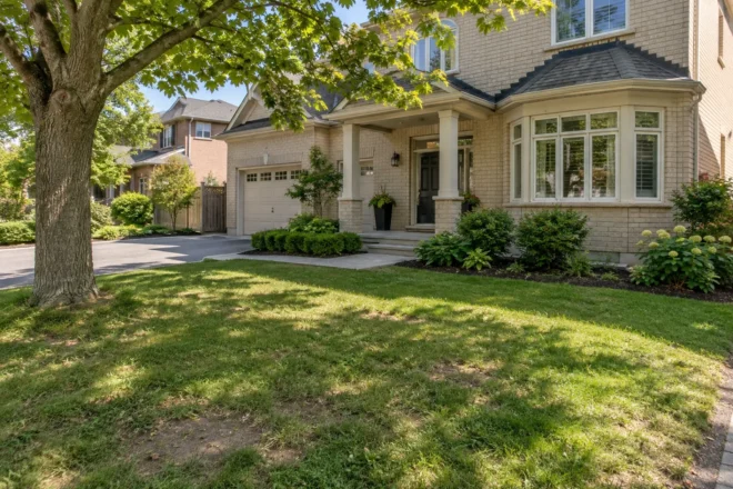 Thin front lawn beneath tree shade outside a light-brick house