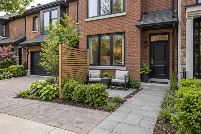 Wood privacy panel beside a townhouse seating corner and clear entrance walk