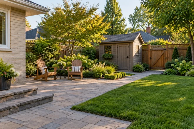 Simple paver seating area with a storage shed and rear garden gate
