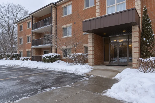 Low-rise apartment parking and entry cleared
