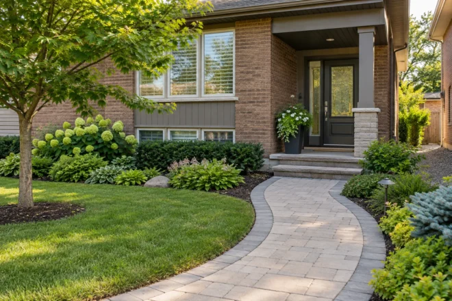 Gently curved paver walk through a front garden to a brick split-level home.
