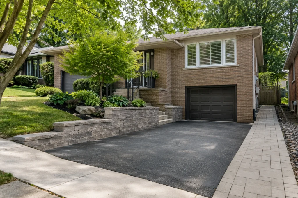 Separate paver side walk beside a sloping driveway and split-level home