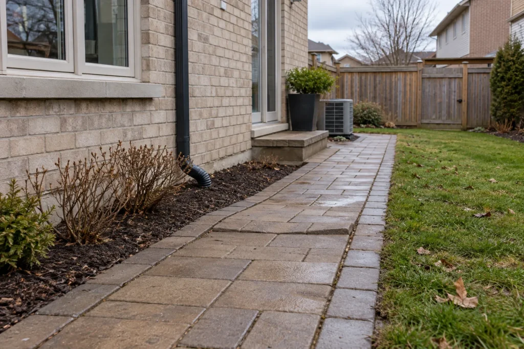 Localized settled section in a paver walkway beside a brick house
