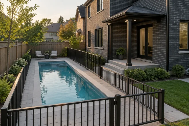 Small rectangular pool with restrained paving and enclosure beside a dark-brick home