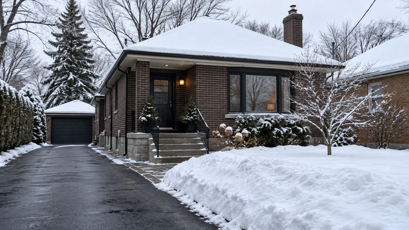 Cleared driveway and entrance walk beside snow stored on a bungalow front lawn