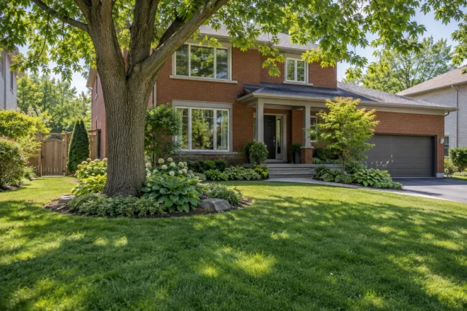 Front lawn surrounding a retained mature tree