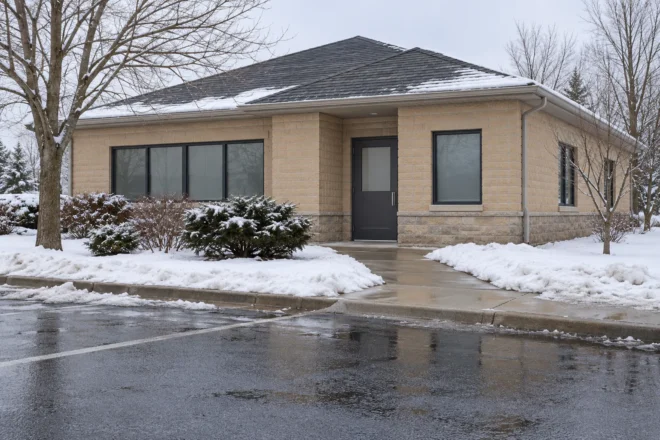 Small property-manager commercial site during thaw