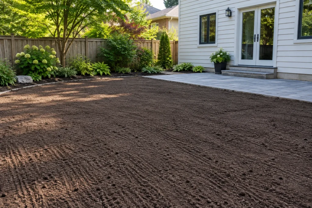 Fine graded bare soil beside a paver patio and mature garden