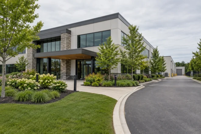 Managed commercial property with restrained entry enhancement