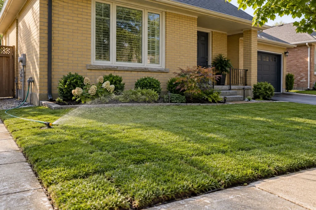 A small sprinkler waters fresh sod beside a yellow-brick home