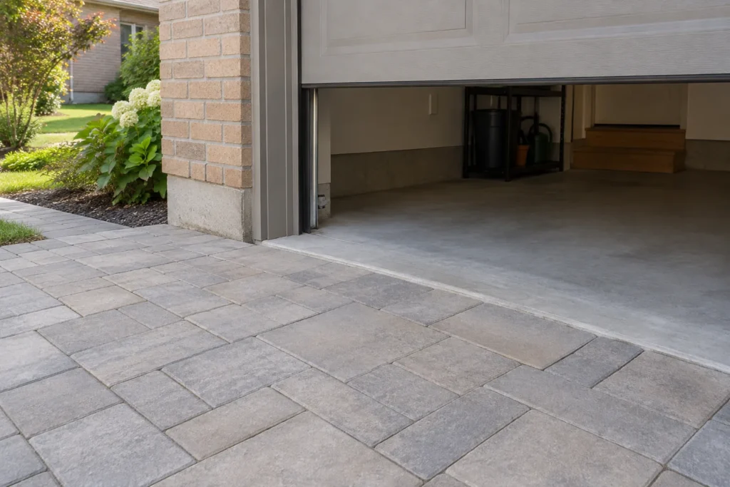 Concrete garage threshold meeting rectangular grey driveway pavers at a buff-brick house