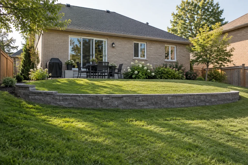 Low retaining terrace and lawn in a sloping backyard