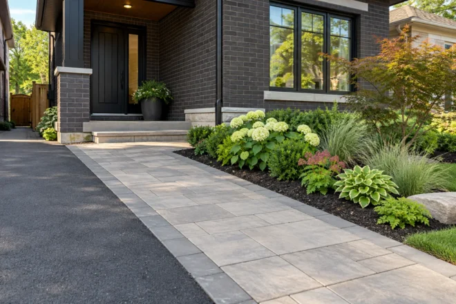 Broad paver entrance walk beside an asphalt driveway at a charcoal-brick home.