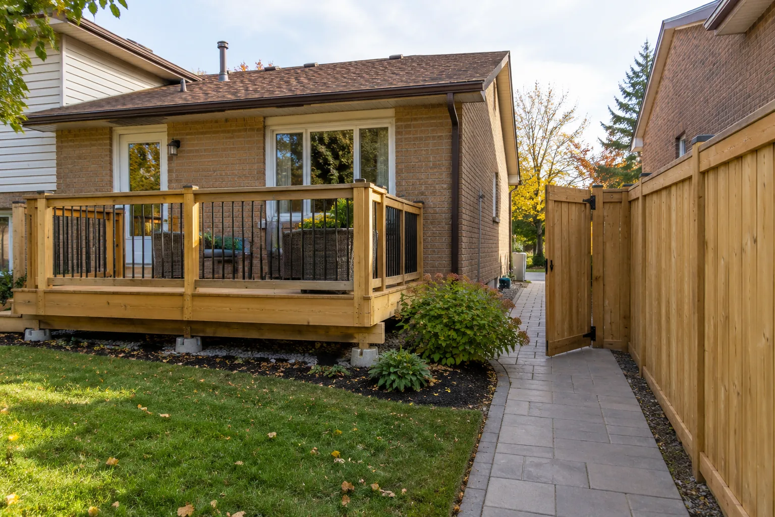 Backyard structures beside an open access gate