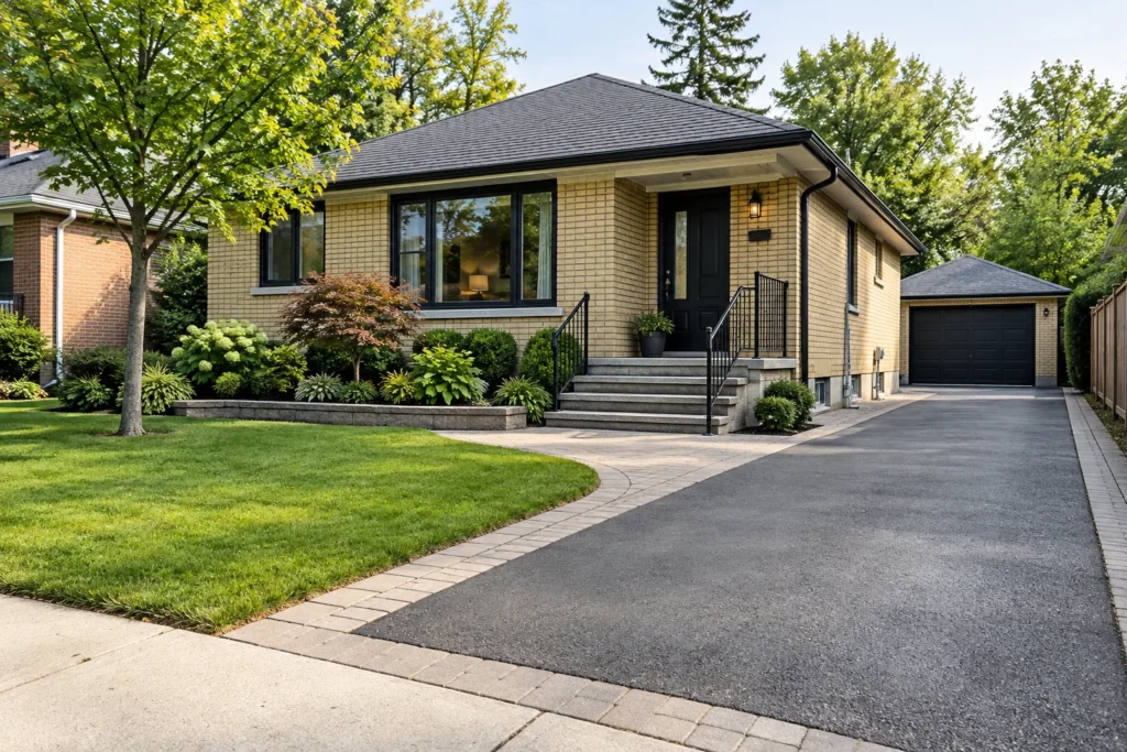 Entrance walk meeting a driveway beside a yellow-brick bungalow