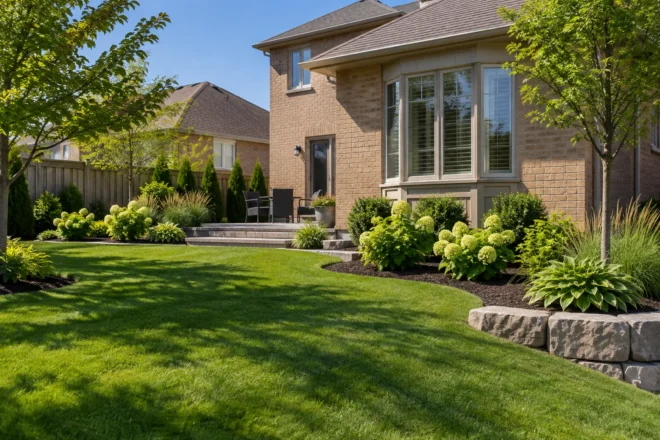 Sunny yard with repeated planting groups and clear spacing