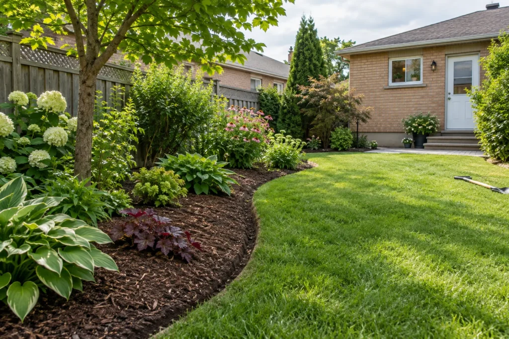Fresh bed edging and bark mulch beside a gently rising rear lawn