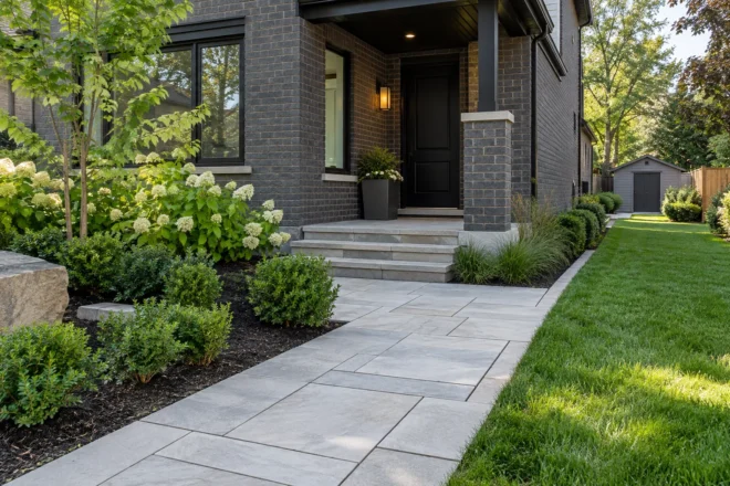 Limestone entrance path beside a charcoal-brick house