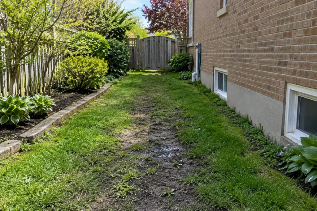 Damp compacted traffic strip through a narrow side lawn