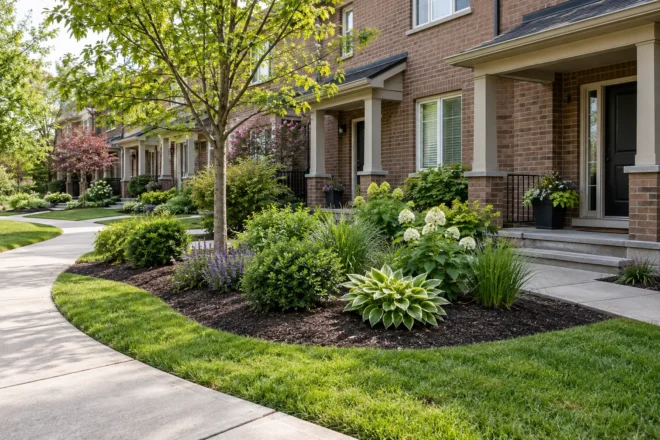 Refreshed common planting bed beside a clear shared townhouse walkway.