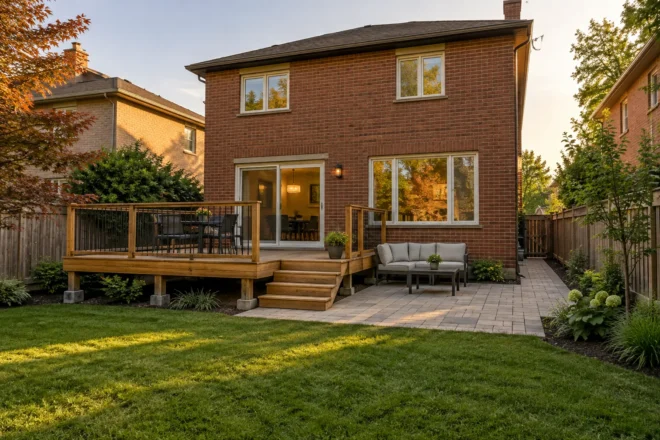 Medium yard combining deck, terrace and useful lawn