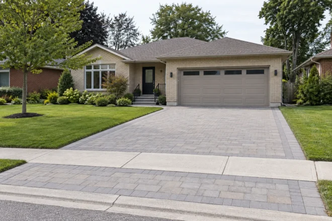 Two-car paver driveway with open lawn beside a cream-brick bungalow and black-railed entrance steps