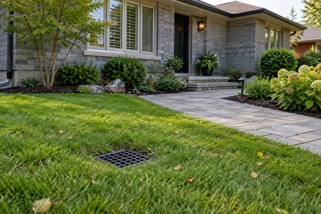 Square area-drain grate in a shallow lawn depression