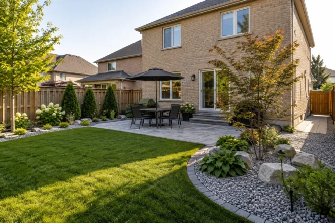 Backyard using gravel only within defined drained garden areas