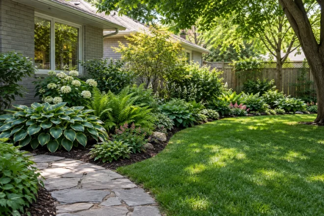 Healthy shade perennials beside an uncluttered backyard stone path