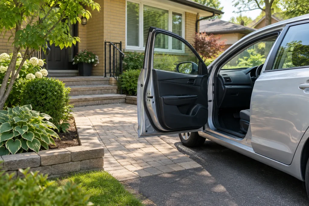 Open car door beside a broad paver landing connecting the driveway to the entrance walk