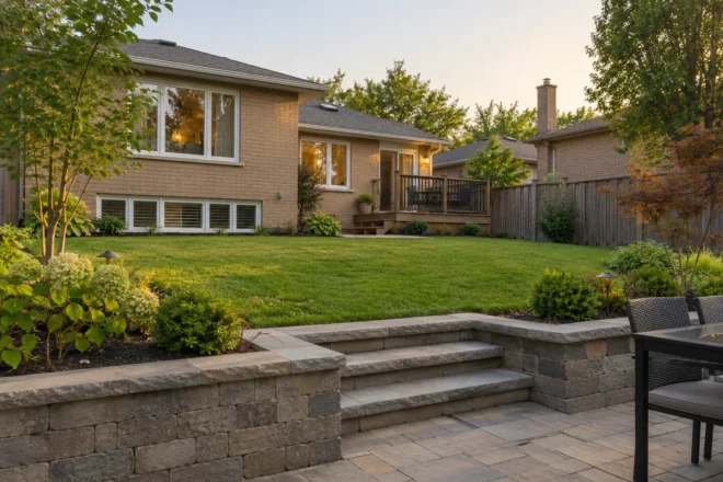 Low retaining terrace and broad stone steps joining two yard levels