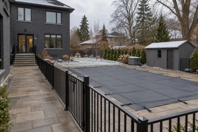 Winter-covered pool with cleared paving leading toward equipment housing and a shed