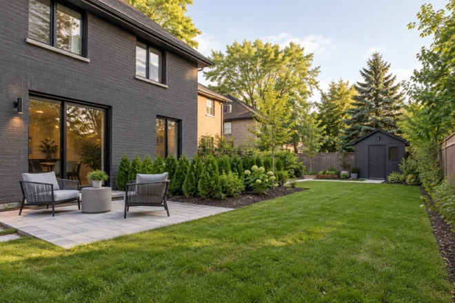 Young evergreen hedge behind a small patio