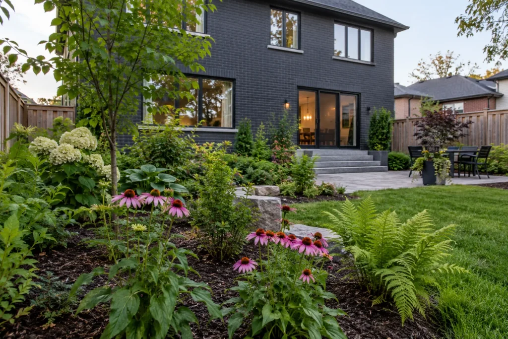 Perennial garden with coneflowers, ferns and mulched planting beneath a brick rear facade