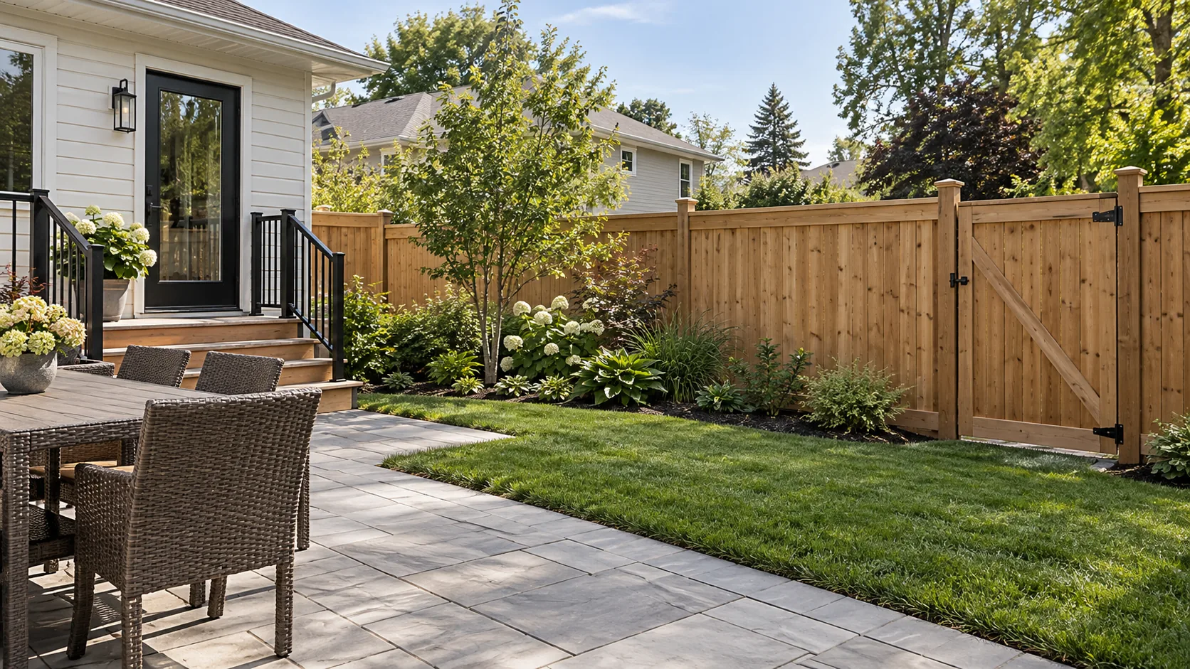 Straight residential privacy fence with believable posts, a usable gate and consistent grade