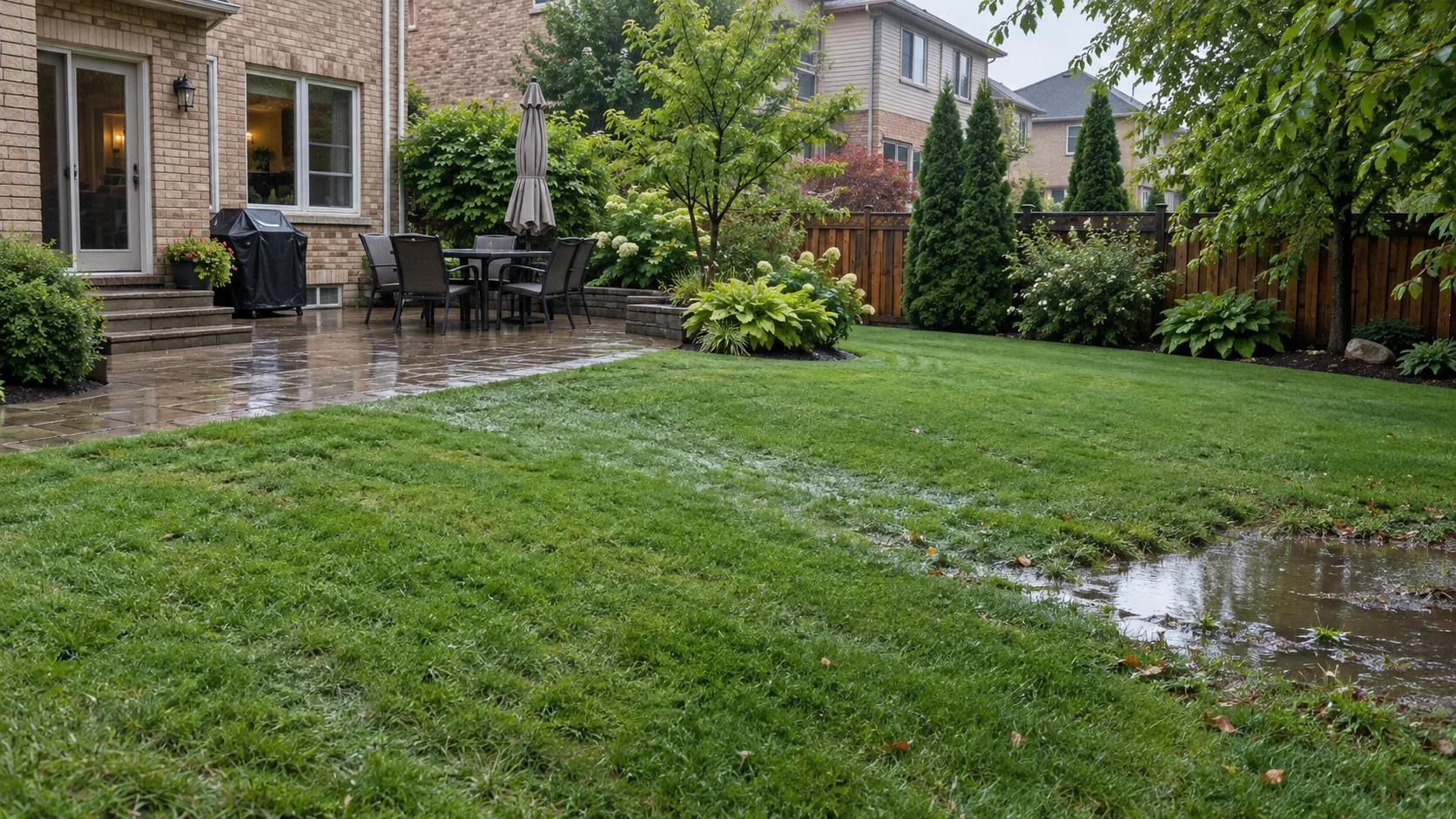 Rainwater follows a low line across a backyard lawn toward a puddle