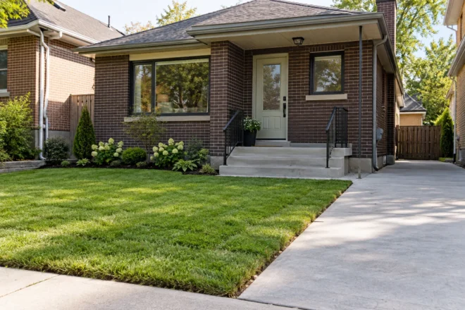 New sod front lawn beside a straight concrete driveway at a dark-brick bungalow