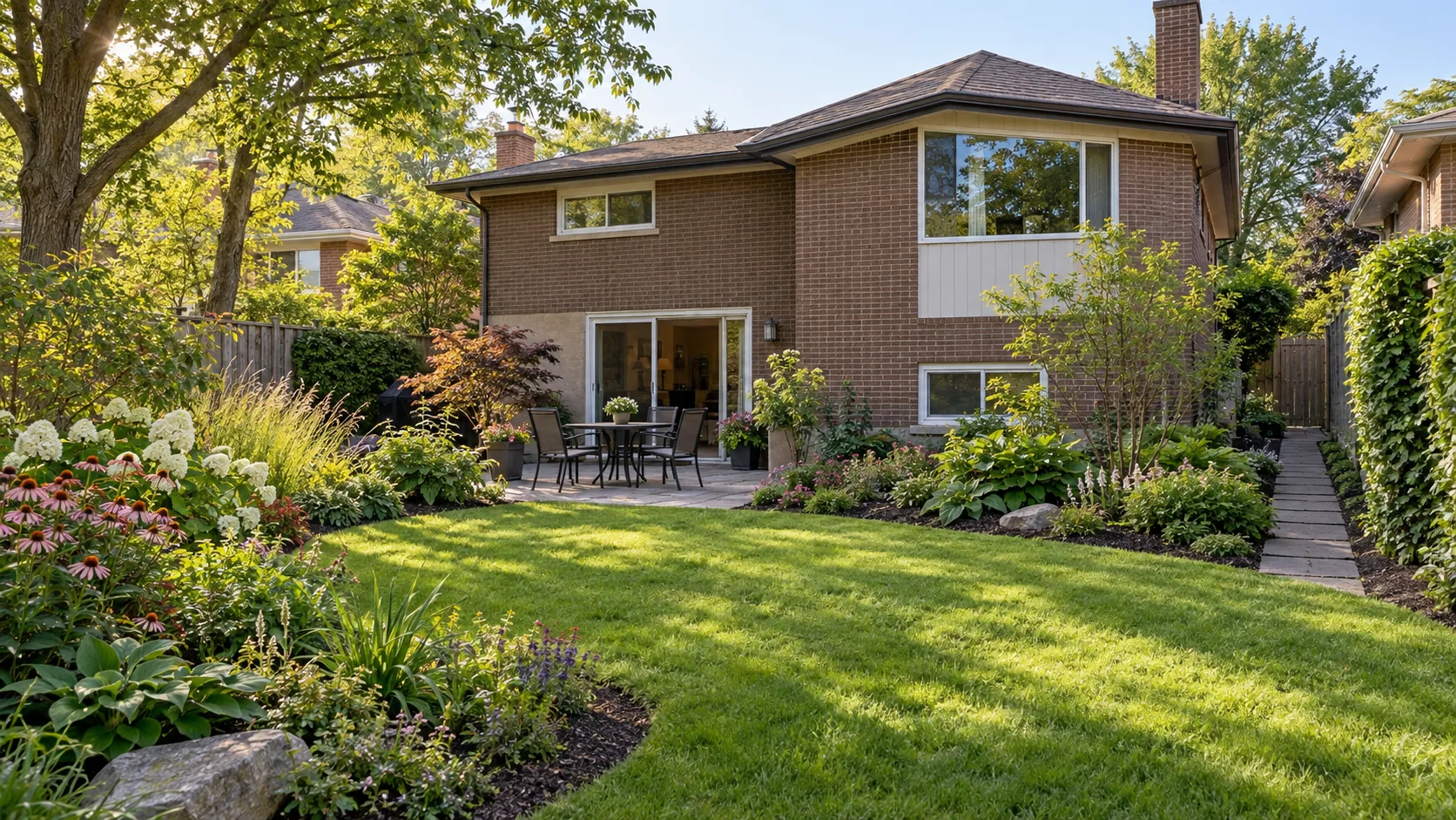 Established rear garden with open lawn and accessible side care path