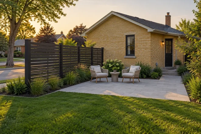 Open limestone lounge terrace with a dark slatted screen and low planting