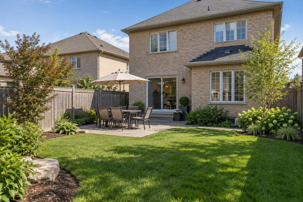 Established lawn with clean garden edges and an open patio approach