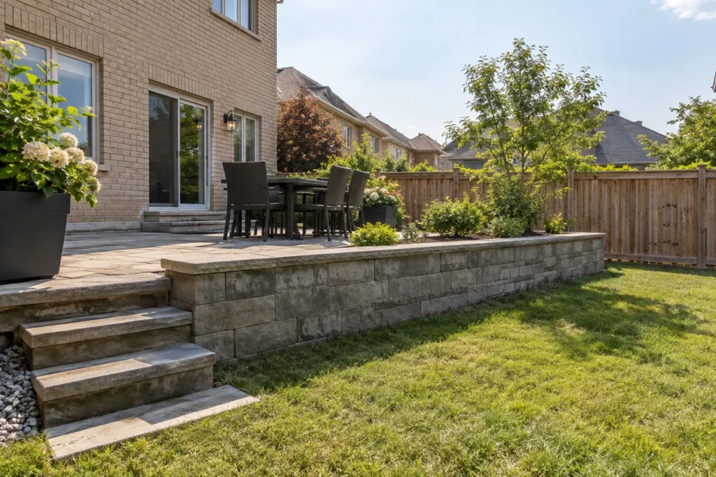 Block retaining wall holds a planted terrace above the rear lawn beside a patio