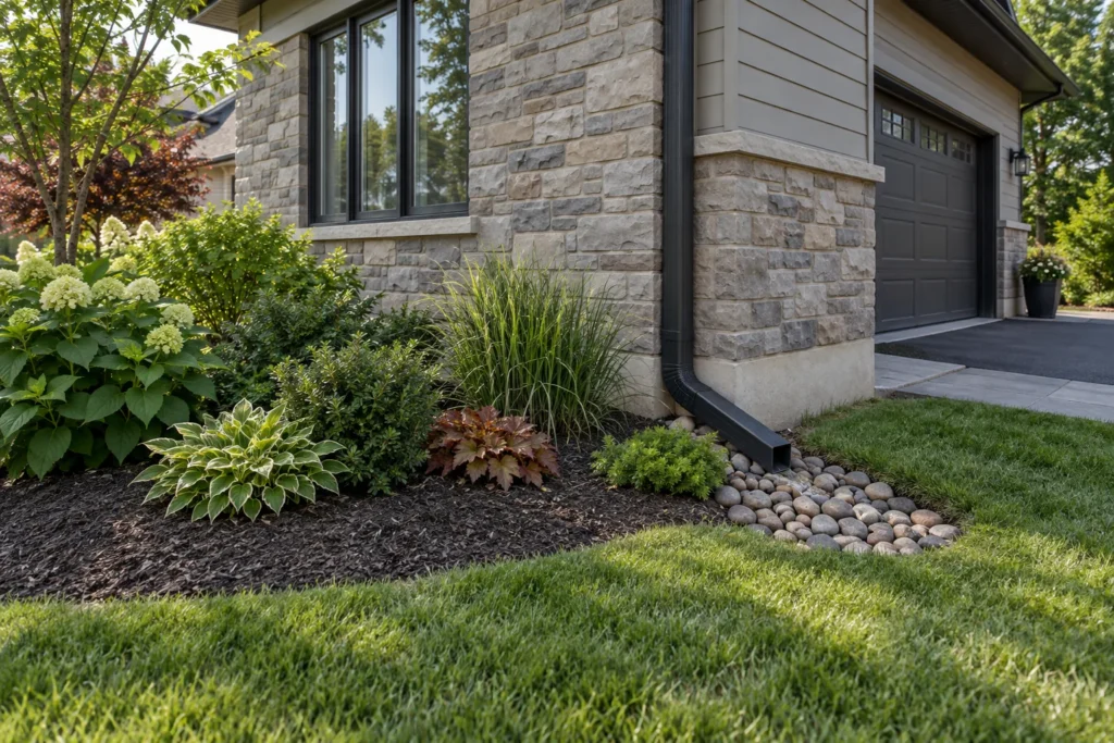 River-stone splash apron beneath a downspout outlet