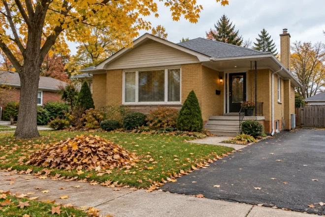 Collected autumn leaves at the front edge of a yellow-brick bungalow lawn.
