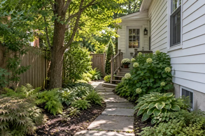 Shaded side garden with an uncomplicated maintenance path